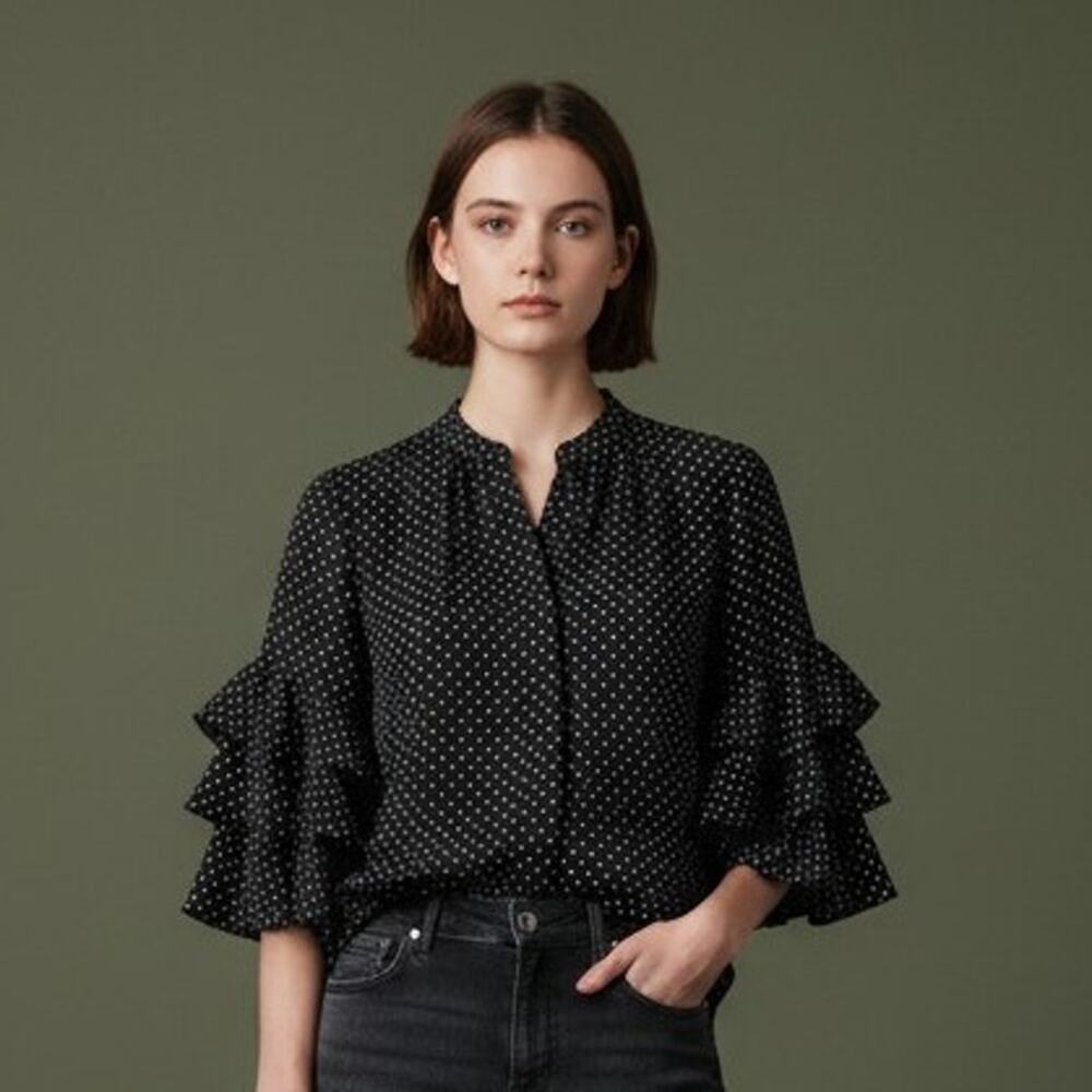 Ann Taylor Factory Polka Dot Blouse Sz L Flutter Sleeve Boxy Top
